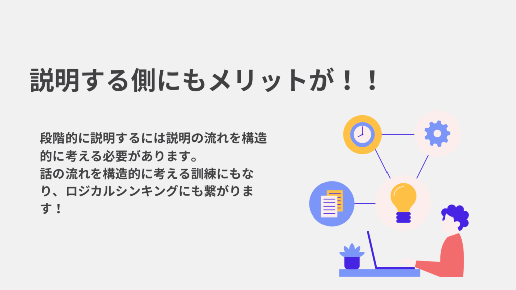 説明する側にもメリットがあります。段階的に説明するには説明の流れを構造的に考える必要があります。
話の流れを構造的に考える訓練にもなり、ロジカルシンキングにも繋がります！