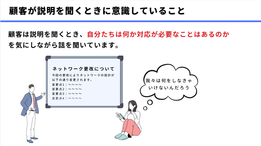 顧客が説明を聞くときに意識していること
顧客は説明を聞くとき、自分たちは何か対応が必要なことはあるのか
を気にしながら話を聞いています。