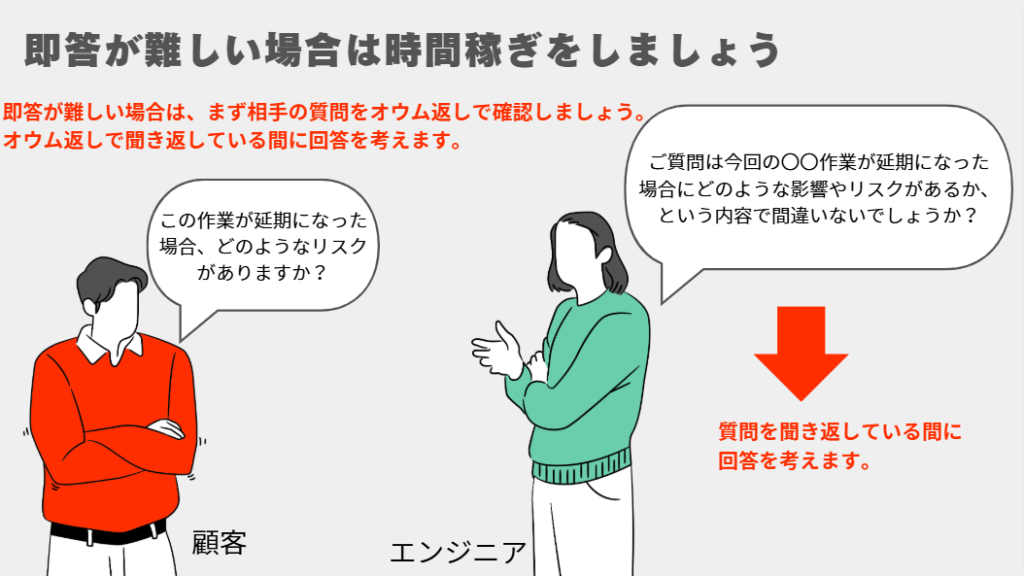 即答が難しい場合は時間稼ぎをしましょう
即答が難しい場合は、まず相手の質問をオウム返しで確認しましょう。オウム返しで聞き返している間に回答を考えます。