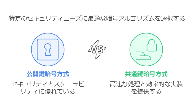 特定のセキュリティニーズに最適な暗号アルゴリズムを選択する

公開鍵暗号方式
セキュリティとスケーラビリティに優れている

共通鍵暗号方式
高速な処理と効率的な実装を提供する