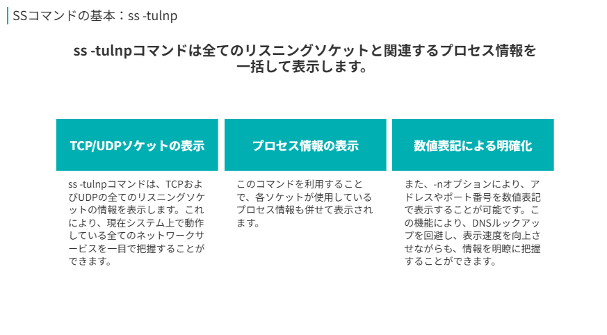 ss -tulnpコマンドの要点
ss -tulnpコマンドは全てのリスニングソケットと関連するプロセス情報を
一括して表示します。
TCP/UDPソケットの表示
ss -tulnpコマンドは、TCPおよびUDPの全てのリスニングソケットの情報を表示します。これにより、現在システム上で動作している全てのネットワークサービスを一目で把握することができます。
プロセス情報の表示
このコマンドを利用することで、各ソケットが使用しているプロセス情報も併せて表示されます。
数値表記による明確化
また、-nオプションにより、アドレスやポート番号を数値表記で表示することが可能です。この機能により、DNSルックアップを回避し、表示速度を向上させながらも、情報を明瞭に把握することができます。