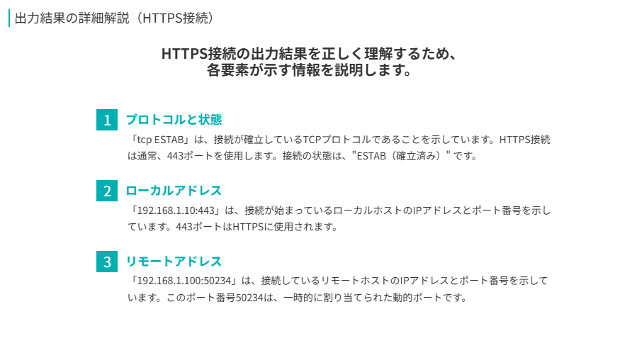 出力結果の詳細解説（HTTPS接続）
HTTPS接続の出力結果を正しく理解するため、
各要素が示す情報を説明します。
プロトコルと状態
「tcp ESTAB」は、接続が確立しているTCPプロトコルであることを示しています。HTTPS接続は通常、443ポートを使用します。接続の状態は、"ESTAB（確立済み）" です。
ローカルアドレス
「192.168.1.10:443」は、接続が始まっているローカルホストのIPアドレスとポート番号を示しています。443ポートはHTTPSに使用されます。
リモートアドレス
「192.168.1.100:50234」は、接続しているリモートホストのIPアドレスとポート番号を示しています。このポート番号50234は、一時的に割り当てられた動的ポートです。