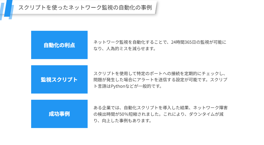 スクリプトを使ったネットワーク監視の自動化の事例
スクリプトを使うことで、ネットワーク監視を効果的に自動化し、トラブル検出を迅速に行える具体例を紹介します。
自動化の利点
ネットワーク監視を自動化することで、24時間365日の監視が可能になり、人為的ミスを減らせます。
監視スクリプト
スクリプトを使用して特定のポートへの接続を定期的にチェックし、問題が発生した場合にアラートを送信する設定が可能です。スクリプト言語はPythonなどが一般的です。
成功事例
ある企業では、自動化スクリプトを導入した結果、ネットワーク障害の検出時間が50％短縮されました。これにより、ダウンタイムが減り、向上した事例もあります。