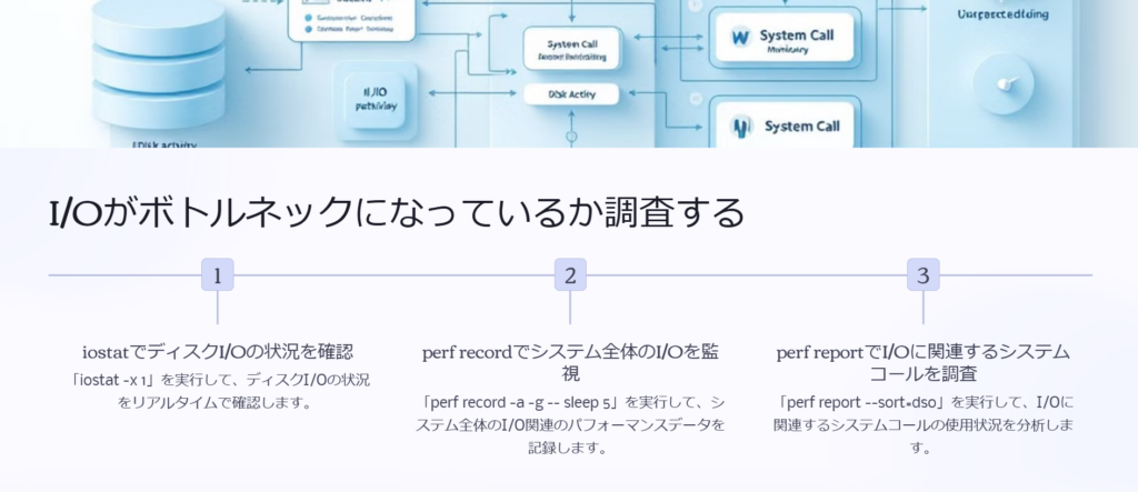 I/Oがボトルネックになっているか調査する

iostatでディスクI/Oの状況を確認

「iostat -x 1」を実行して、ディスクI/Oの状況をリアルタイムで確認します。

perf recordでシステム全体のI/Oを監視

「perf record -a -g -- sleep 5」を実行して、システム全体のI/O関連のパフォーマンスデータを記録します。

perf reportでI/Oに関連するシステムコールを調査

「perf report --sort=dso」を実行して、I/Oに関連するシステムコールの使用状況を分析します。