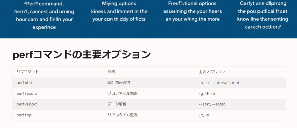 perfコマンドの主要オプション

サブコマンド

目的

主要オプション

perf stat

統計情報取得

-e, -a, --interval-print

perf record

プロファイル取得

-g, -F, -p

perf report

データ解析

--sort, --stdio

perf top

リアルタイム監視

-p, -e