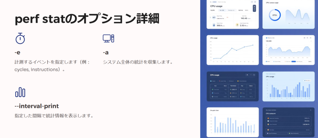 perf statのオプション詳細

-e

計測するイベントを指定します（例：cycles, instructions）。

-a

システム全体の統計を収集します。

--interval-print

指定した間隔で統計情報を表示します。