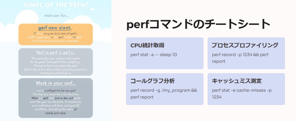 perfコマンドのチートシート

CPU統計取得

perf stat -a -- sleep 10

プロセスプロファイリング

perf record -p 1234 && perf report

コールグラフ分析

perf record -g ./my_program && perf report

キャッシュミス測定

perf stat -e cache-misses -p 1234