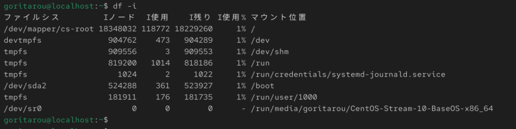 Centosにおけるdf -i コマンドの実際の出力結果