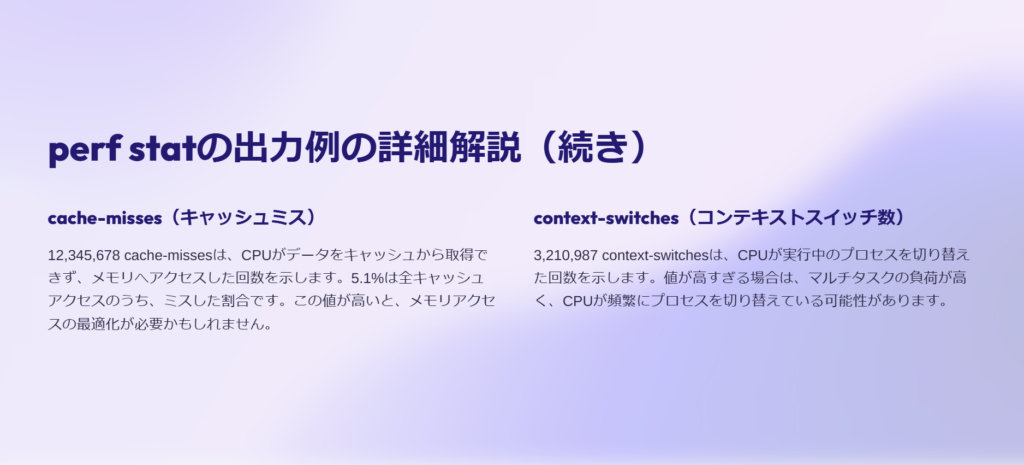 perf statの出力例の詳細解説（続き）

cache-misses（キャッシュミス）

12,345,678 cache-missesは、CPUがデータをキャッシュから取得できず、メモリへアクセスした回数を示します。5.1%は全キャッシュアクセスのうち、ミスした割合です。この値が高いと、メモリアクセスの最適化が必要かもしれません。

context-switches（コンテキストスイッチ数）

3,210,987 context-switchesは、CPUが実行中のプロセスを切り替えた回数を示します。値が高すぎる場合は、マルチタスクの負荷が高く、CPUが頻繁にプロセスを切り替えている可能性があります。