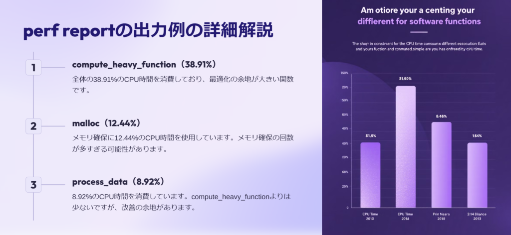 perf reportの出力例の詳細解説

compute_heavy_function（38.91%）

全体の38.91%のCPU時間を消費しており、最適化の余地が大きい関数です。

malloc（12.44%）

メモリ確保に12.44%のCPU時間を使用しています。メモリ確保の回数が多すぎる可能性があります。

process_data（8.92%）

8.92%のCPU時間を消費しています。compute_heavy_functionよりは少ないですが、改善の余地があります。