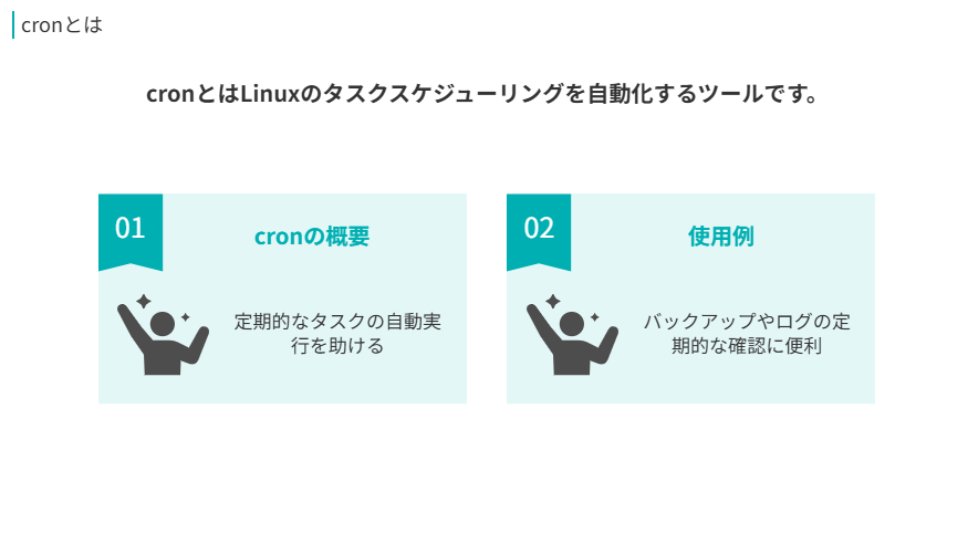 cronとは
cronとはLinuxのタスクスケジューリングを自動化するツールです。
cronの概要
定期的なタスクの自動実行を助ける
使用例
バックアップやログの定期的な確認に便利