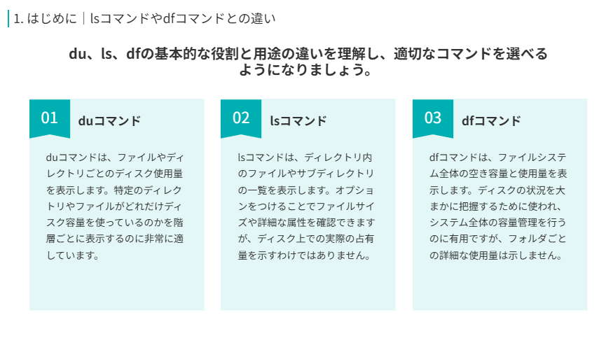 lsコマンドやdfコマンドとの違い
du、ls、dfの基本的な役割と用途の違いを理解し、適切なコマンドを選べるようになりましょう。
duコマンド
duコマンドは、ファイルやディレクトリごとのディスク使用量を表示します。特定のディレクトリやファイルがどれだけディスク容量を使っているのかを階層ごとに表示するのに非常に適しています。
lsコマンド
lsコマンドは、ディレクトリ内のファイルやサブディレクトリの一覧を表示します。オプションをつけることでファイルサイズや詳細な属性を確認できますが、ディスク上での実際の占有量を示すわけではありません。
dfコマンド
dfコマンドは、ファイルシステム全体の空き容量と使用量を表示します。ディスクの状況を大まかに把握するために使われ、システム全体の容量管理を行うのに有用ですが、フォルダごとの詳細な使用量は示しません。