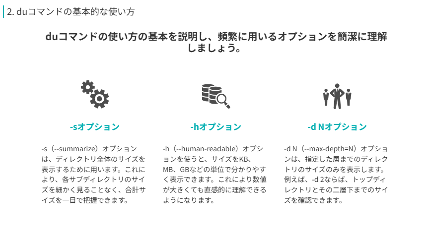 duコマンドの使い方の基本を説明し、頻繁に用いるオプションを簡潔に理解しましょう。
-hオプション
-h（--human-readable）オプションを使うと、サイズをKB、MB、GBなどの単位で分かりやすく表示できます。これにより数値が大きくても直感的に理解できるようになります。
-sオプション
-s（--summarize）オプションは、ディレクトリ全体のサイズを表示するために用います。これにより、各サブディレクトリのサイズを細かく見ることなく、合計サイズを一目で把握できます。
-d Nオプション
-d N（--max-depth=N）オプションは、指定した層までのディレクトリのサイズのみを表示します。例えば、-d 2ならば、トップディレクトリとその二層下までのサイズを確認できます。