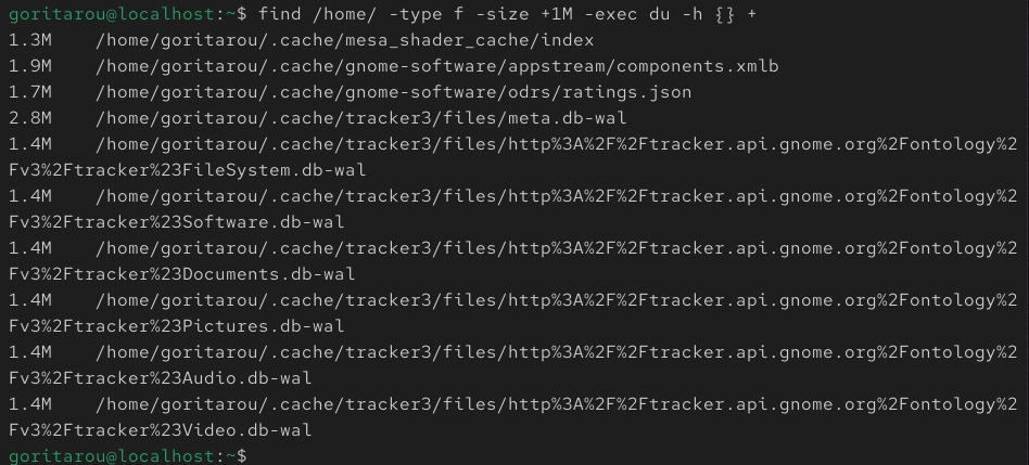 find /home -type f -size +1M -exec du -h {} +コマンドの実際の出力結果