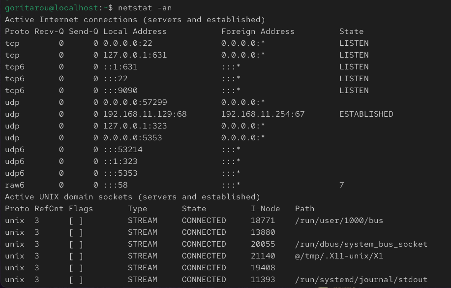 Centosにおけるnetstat -anコマンドの実際の出力結果