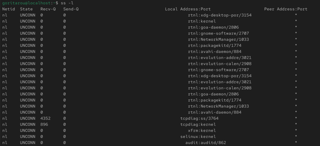 Centosにおけるss -lコマンドの実際の出力結果