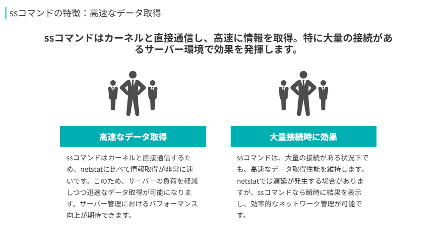 高速なデータ取得の補足
ssコマンドはカーネルと直接通信し、高速に情報を取得。特に大量の接続があるサーバー環境で効果を発揮します。
高速なデータ取得
ssコマンドはカーネルと直接通信するため、netstatに比べて情報取得が非常に速いです。このため、サーバーの負荷を軽減しつつ迅速なデータ取得が可能になります。サーバー管理におけるパフォーマンス向上が期待できます。
大量接続時に効果
ssコマンドは、大量の接続がある状況下でも、高速なデータ取得性能を維持します。netstatでは遅延が発生する場合がありますが、ssコマンドなら瞬時に結果を表示し、効率的なネットワーク管理が可能です。