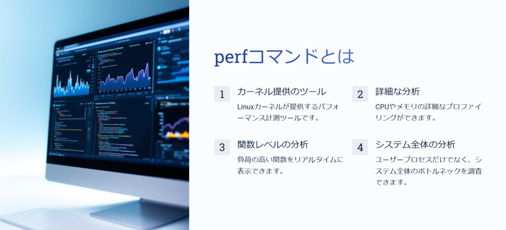 perfコマンドとは

カーネル提供のツール

Linuxカーネルが提供するパフォーマンス計測ツールです。

詳細な分析

CPUやメモリの詳細なプロファイリングができます。

関数レベルの分析

負荷の高い関数をリアルタイムに表示できます。

システム全体の分析

ユーザープロセスだけでなく、システム全体のボトルネックを調査できます。