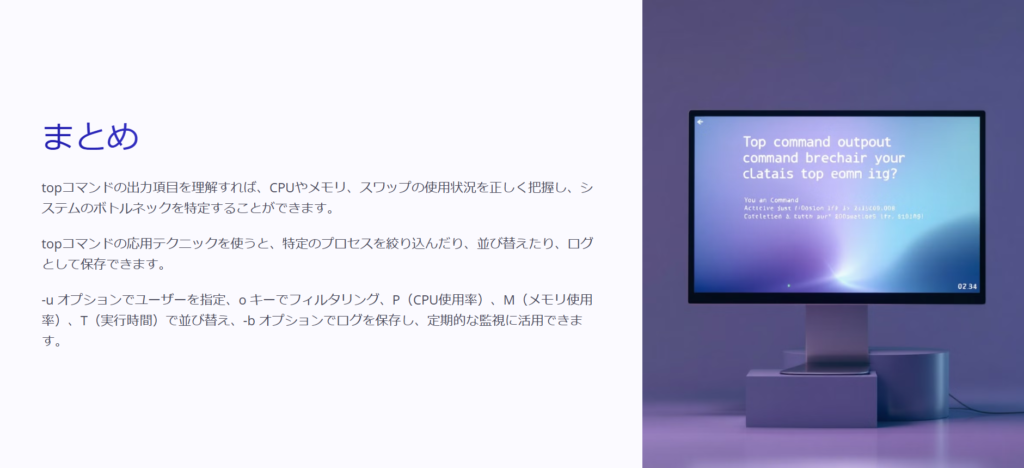 まとめ

topコマンドの出力項目を理解すれば、CPUやメモリ、スワップの使用状況を正しく把握し、システムのボトルネックを特定することができます。

topコマンドの応用テクニックを使うと、特定のプロセスを絞り込んだり、並び替えたり、ログとして保存できます。

-u オプションでユーザーを指定、o キーでフィルタリング、P（CPU使用率）、M（メモリ使用率）、T（実行時間）で並び替え、-b オプションでログを保存し、定期的な監視に活用できます。