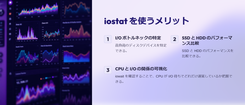 iostat を使うメリット

I/O ボトルネックの特定

高負荷のディスクデバイスを特定できる。

SSD と HDD のパフォーマンス比較

SSD と HDD のパフォーマンスを比較できる。

CPU と I/O の関係の可視化

iowait を確認することで、CPU が I/O 待ちでどれだけ遅延しているか把握できる。