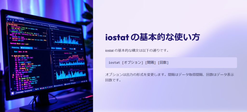 iostat の基本的な使い方

iostat の基本的な構文は以下の通りです。

iostat [オプション] [間隔] [回数]

オプションは出力の形式を変更します。間隔はデータ取得間隔、回数はデータ表示回数です。