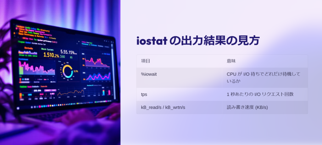 iostat の出力結果の見方

項目

意味

%iowait

CPU が I/O 待ちでどれだけ待機しているか

tps

1 秒あたりの I/O リクエスト回数

kB_read/s / kB_wrtn/s

読み書き速度 (KB/s)