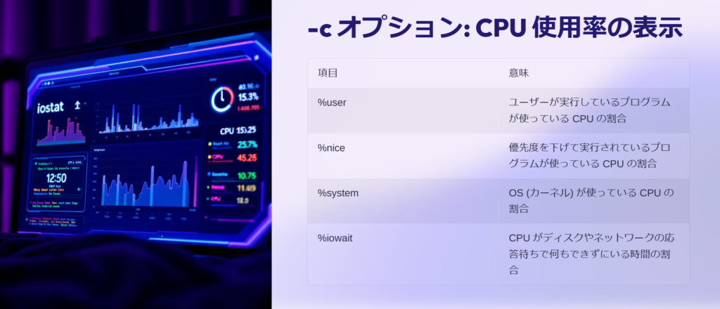 -c オプション: CPU 使用率の表示

項目

意味

%user

ユーザーが実行しているプログラムが使っている CPU の割合

%nice

優先度を下げて実行されているプログラムが使っている CPU の割合

%system

OS (カーネル) が使っている CPU の割合

%iowait

CPU がディスクやネットワークの応答待ちで何もできずにいる時間の割合