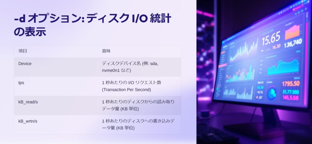 -d オプション: ディスク I/O 統計の表示

項目

意味

Device

ディスクデバイス名 (例: sda, nvme0n1 など)

tps

1 秒あたりの I/O リクエスト数 (Transaction Per Second)

kB_read/s

1 秒あたりのディスクからの読み取りデータ量 (KB 単位)

kB_wrtn/s

1 秒あたりのディスクへの書き込みデータ量 (KB 単位)