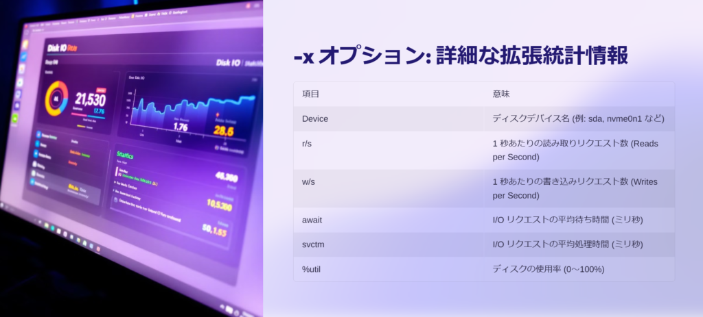 -x オプション: 詳細な拡張統計情報

項目

意味

Device

ディスクデバイス名 (例: sda, nvme0n1 など)

r/s

1 秒あたりの読み取りリクエスト数 (Reads per Second)

w/s

1 秒あたりの書き込みリクエスト数 (Writes per Second)

await

I/O リクエストの平均待ち時間 (ミリ秒)

svctm

I/O リクエストの平均処理時間 (ミリ秒)

%util

ディスクの使用率 (0～100%)