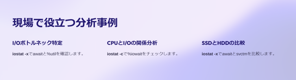 現場で役立つ分析事例

I/Oボトルネック特定

iostat -xでawaitと%utilを確認します。

CPUとI/Oの関係分析

iostat -cで%iowaitをチェックします。

SSDとHDDの比較

iostat -xでawaitとsvctmを比較します。