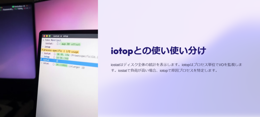 iotopとの使い使い分け

iostatはディスク全体の統計を表示します。iotopはプロセス単位でI/Oを監視します。iostatで負荷が高い場合、iotopで原因プロセスを特定します。