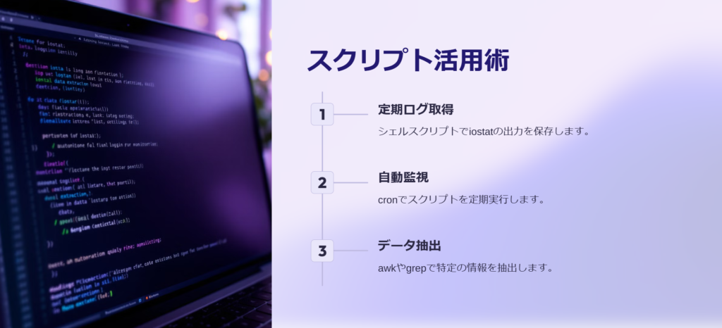 スクリプト活用術

定期ログ取得

シェルスクリプトでiostatの出力を保存します。

自動監視

cronでスクリプトを定期実行します。

データ抽出

awkやgrepで特定の情報を抽出します。