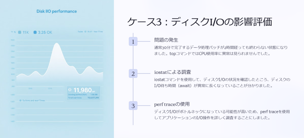 ケース3：ディスクI/Oの影響評価

問題の発生

通常30分で完了するデータ処理バッチが2時間経っても終わらない状態になりました。topコマンドではCPU使用率に異常は見られませんでした。

iostatによる調査

iostatコマンドを使用して、ディスクI/Oの状況を確認したところ、ディスクのI/O待ち時間（await）が異常に長くなっていることが分かりました。

perf traceの使用

ディスクI/Oがボトルネックになっている可能性が高いため、perf traceを使用してアプリケーションのI/O操作を詳しく調査することにしました。