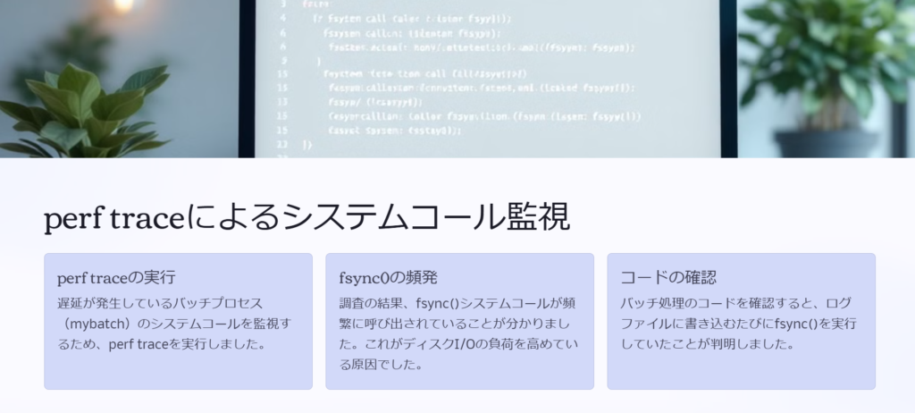 perf traceによるシステムコール監視

perf traceの実行

遅延が発生しているバッチプロセス（mybatch）のシステムコールを監視するため、perf traceを実行しました。

fsync()の頻発

調査の結果、fsync()システムコールが頻繁に呼び出されていることが分かりました。これがディスクI/Oの負荷を高めている原因でした。

コードの確認

バッチ処理のコードを確認すると、ログファイルに書き込むたびにfsync()を実行していたことが判明しました。