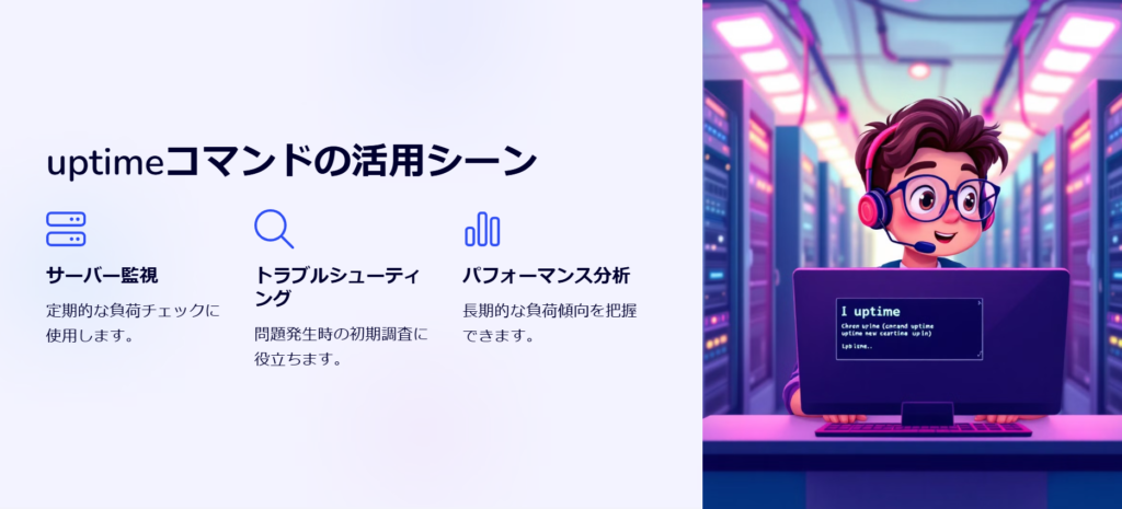 uptimeコマンドの活用シーン

サーバー監視

定期的な負荷チェックに使用します。

トラブルシューティング

問題発生時の初期調査に役立ちます。

パフォーマンス分析

長期的な負荷傾向を把握できます。