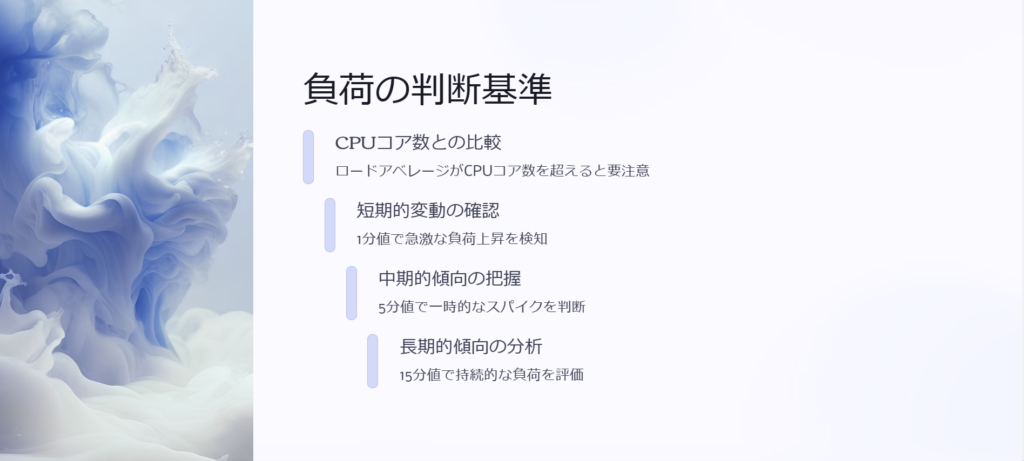 負荷の判断基準

CPUコア数との比較

ロードアベレージがCPUコア数を超えると要注意

短期的変動の確認

1分値で急激な負荷上昇を検知

中期的傾向の把握

5分値で一時的なスパイクを判断

長期的傾向の分析

15分値で持続的な負荷を評価