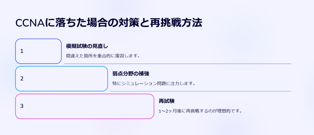 CCNAに落ちた場合の対策と再挑戦方法

模擬試験の見直し

間違えた箇所を重点的に復習します。

弱点分野の補強

特にシミュレーション問題に注力します。

再試験

1〜2ヶ月後に再挑戦するのが理想的です。