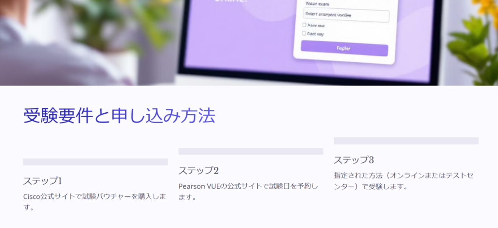 受験要件と申し込み方法

ステップ1

Cisco公式サイトで試験バウチャーを購入します。

ステップ2

Pearson VUEの公式サイトで試験日を予約します。

ステップ3

指定された方法（オンラインまたはテストセンター）で受験します。