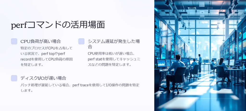 perfコマンドの活用場面

CPU負荷が高い場合

特定のプロセスがCPUを占有している状況で、perf topやperf recordを使用してCPU負荷の原因を特定します。

システム遅延が発生した場合

CPU使用率は低いが遅い場合、perf statを使用してキャッシュミスなどの問題を特定します。

ディスクI/Oが遅い場合

バッチ処理が遅延している場合、perf traceを使用してI/O操作の問題を特定します。