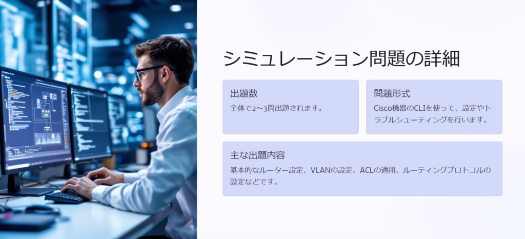 シミュレーション問題の詳細

出題数

全体で2〜3問出題されます。

問題形式

Cisco機器のCLIを使って、設定やトラブルシューティングを行います。

主な出題内容

基本的なルーター設定、VLANの設定、ACLの適用、ルーティングプロトコルの設定などです。