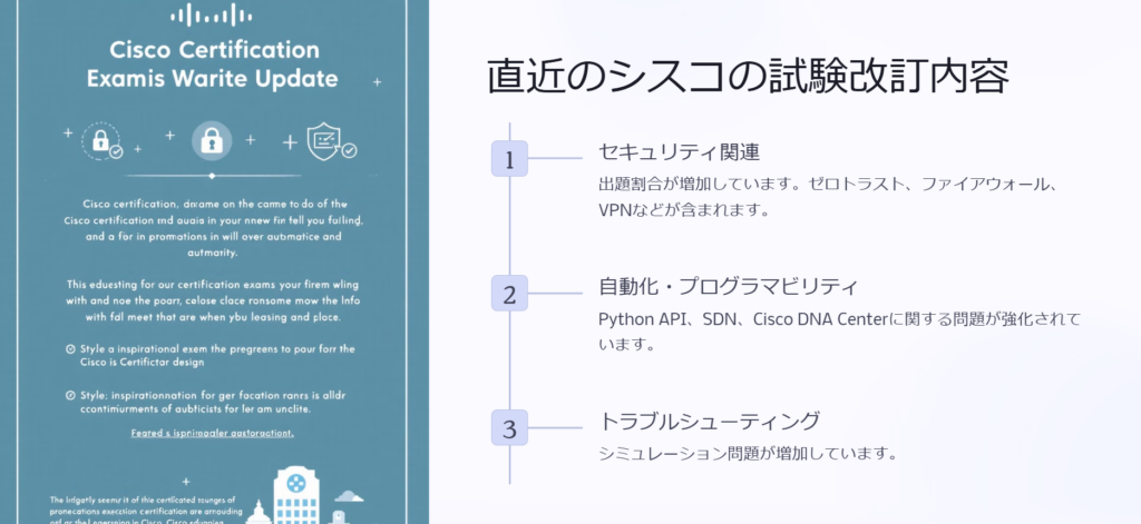 直近のシスコの試験改訂内容

セキュリティ関連

出題割合が増加しています。ゼロトラスト、ファイアウォール、VPNなどが含まれます。

自動化・プログラマビリティ

Python API、SDN、Cisco DNA Centerに関する問題が強化されています。

トラブルシューティング

シミュレーション問題が増加しています。