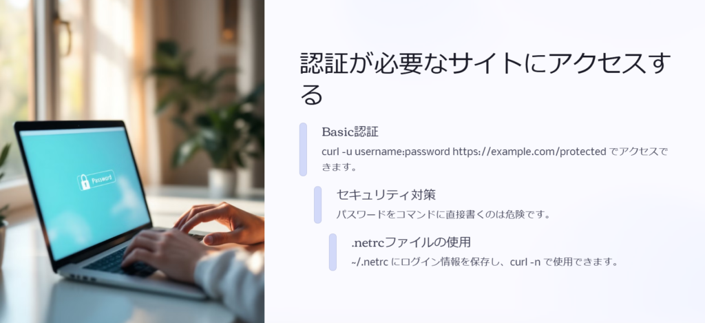 認証が必要なサイトにアクセスする

Basic認証

curl -u username:password https://example.com/protected でアクセスできます。

セキュリティ対策

パスワードをコマンドに直接書くのは危険です。

.netrcファイルの使用

~/.netrc にログイン情報を保存し、curl -n で使用できます。