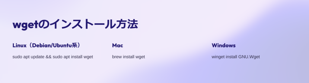 wgetのインストール方法

Linux（Debian/Ubuntu系）

sudo apt update && sudo apt install wget

Mac

brew install wget

Windows

winget install GNU.Wget