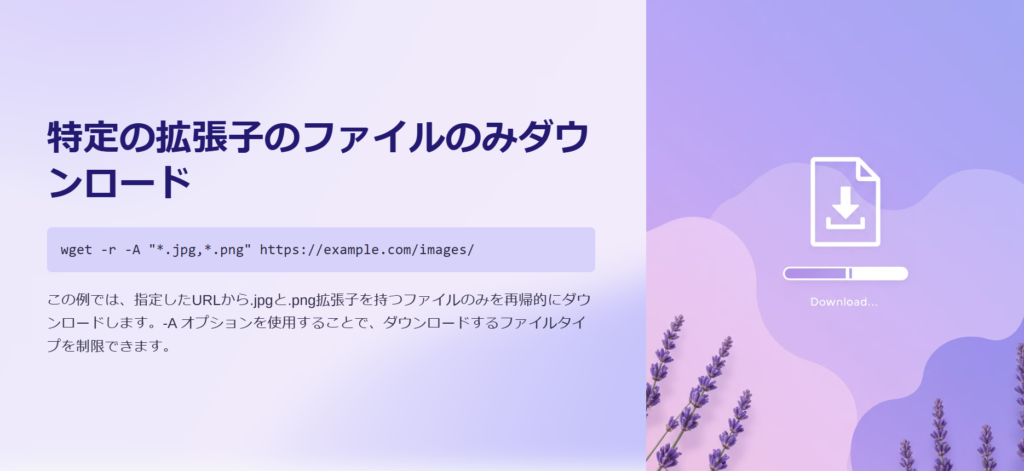 特定の拡張子のファイルのみダウンロード

wget -r -A "*.jpg,*.png" https://example.com/images/

この例では、指定したURLから.jpgと.png拡張子を持つファイルのみを再帰的にダウンロードします。-A オプションを使用することで、ダウンロードするファイルタイプを制限できます。