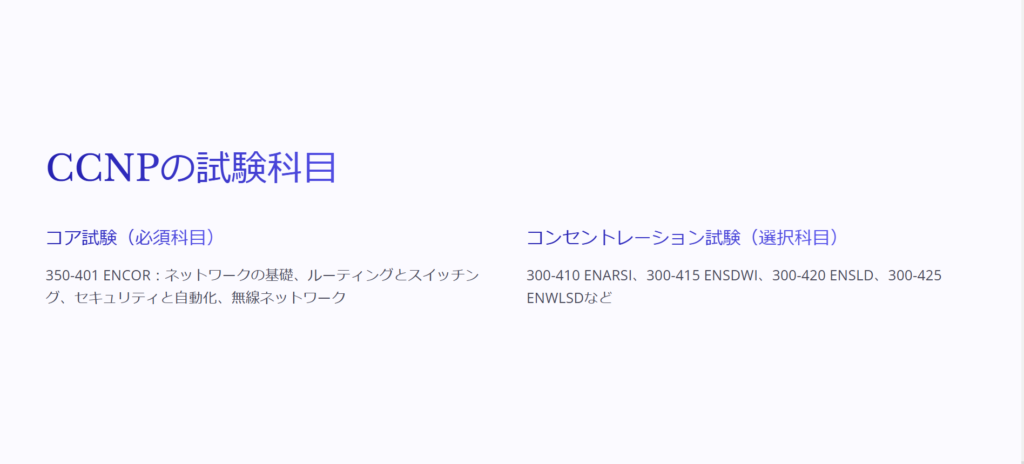 CCNPの試験科目

コア試験（必須科目）

350-401 ENCOR：ネットワークの基礎、ルーティングとスイッチング、セキュリティと自動化、無線ネットワーク

コンセントレーション試験（選択科目）

300-410 ENARSI、300-415 ENSDWI、300-420 ENSLD、300-425 ENWLSDなど