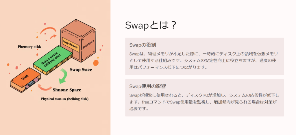 Swapとは？

Swapの役割

Swapは、物理メモリが不足した際に、一時的にディスク上の領域を仮想メモリとして使用する仕組みです。システムの安定性向上に役立ちますが、過度の使用はパフォーマンス低下につながります。

Swap使用の影響

Swapが頻繁に使用されると、ディスクI/Oが増加し、システムの応答性が低下します。freeコマンドでSwap使用量を監視し、増加傾向が見られる場合は対策が必要です。