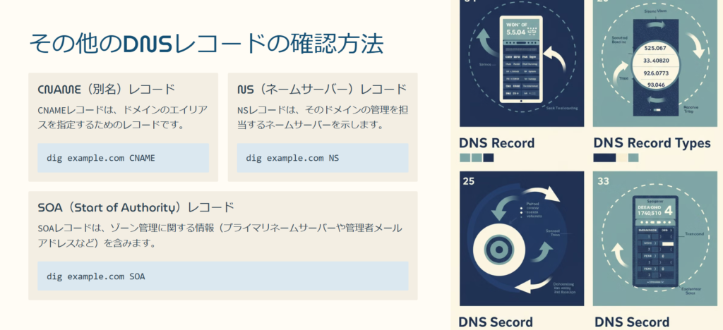 その他のDNSレコードの確認方法

CNAME（別名）レコード

CNAMEレコードは、ドメインのエイリアスを指定するためのレコードです。

dig example.com CNAME

NS（ネームサーバー）レコード

NSレコードは、そのドメインの管理を担当するネームサーバーを示します。

dig example.com NS

SOA（Start of Authority）レコード

SOAレコードは、ゾーン管理に関する情報（プライマリネームサーバーや管理者メールアドレスなど）を含みます。

dig example.com SOA