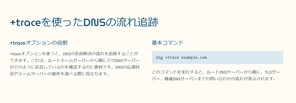 +traceを使ったDNSの流れ追跡

+traceオプションの役割

+traceオプションを使うと、DNSの名前解決の流れを追跡することができます。これは、ルートネームサーバーから順にどのDNSサーバーがどのように応答しているかを確認するのに便利です。DNSの伝播状況やネームサーバーの動作を調べる際に役立ちます。

基本コマンド

dig +trace example.com

このコマンドを実行すると、ルートDNSサーバーから順に、TLDサーバー、権威DNSサーバーまでの問い合わせの流れが表示されます。