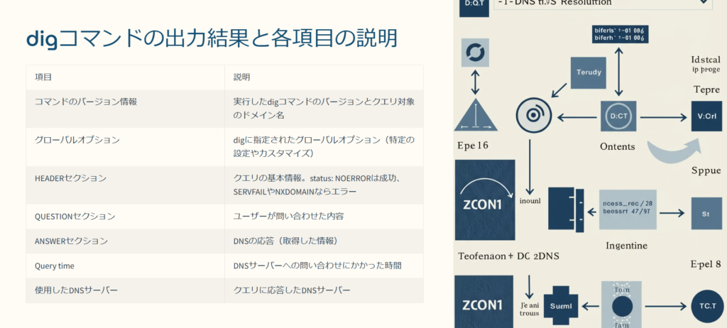 digコマンドの出力結果と各項目の説明

項目

説明

コマンドのバージョン情報

実行したdigコマンドのバージョンとクエリ対象のドメイン名

グローバルオプション

digに指定されたグローバルオプション（特定の設定やカスタマイズ）

HEADERセクション

クエリの基本情報。status: NOERRORは成功、SERVFAILやNXDOMAINならエラー

QUESTIONセクション

ユーザーが問い合わせた内容

ANSWERセクション

DNSの応答（取得した情報）

Query time

DNSサーバーへの問い合わせにかかった時間

使用したDNSサーバー

クエリに応答したDNSサーバー