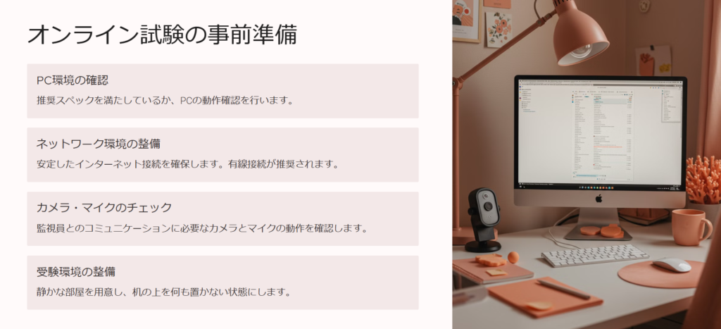 オンライン試験の事前準備

PC環境の確認

推奨スペックを満たしているか、PCの動作確認を行います。

ネットワーク環境の整備

安定したインターネット接続を確保します。有線接続が推奨されます。

カメラ・マイクのチェック

監視員とのコミュニケーションに必要なカメラとマイクの動作を確認します。

受験環境の整備

静かな部屋を用意し、机の上を何も置かない状態にします。